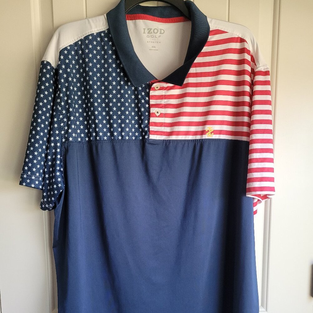 Mens Polo Shirt Izod Size 2XL Patriotic USA Flag Red White Blue